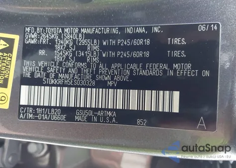 2014 Toyota Highlander Xle z USA, uszkodzony, nr VIN 5TDKKRFH5ES030328